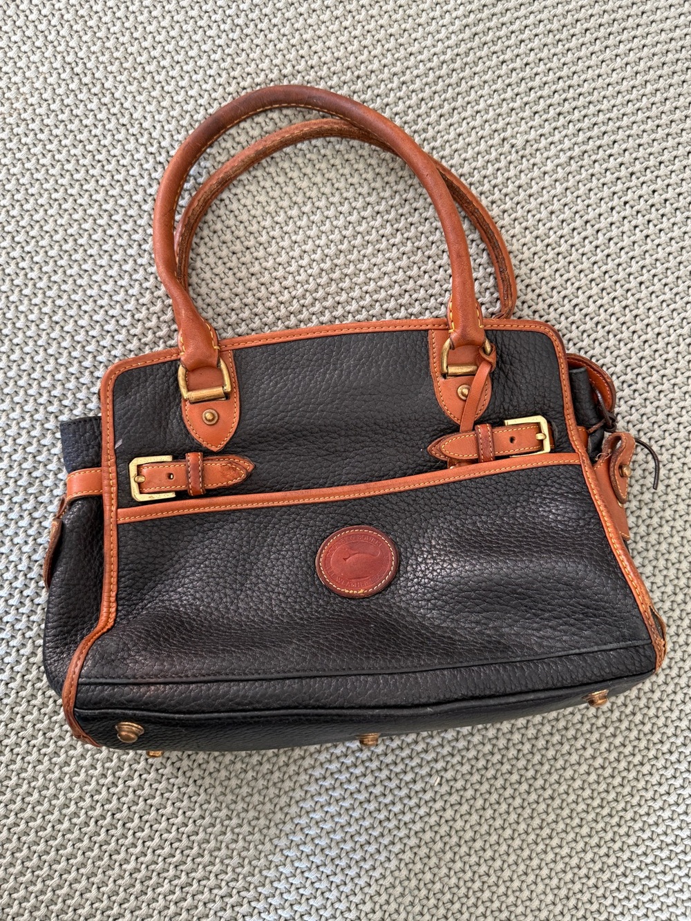 Vintage Dooney & Bourke Black Purse Satchel with Brown Trim Gold Color Hardware